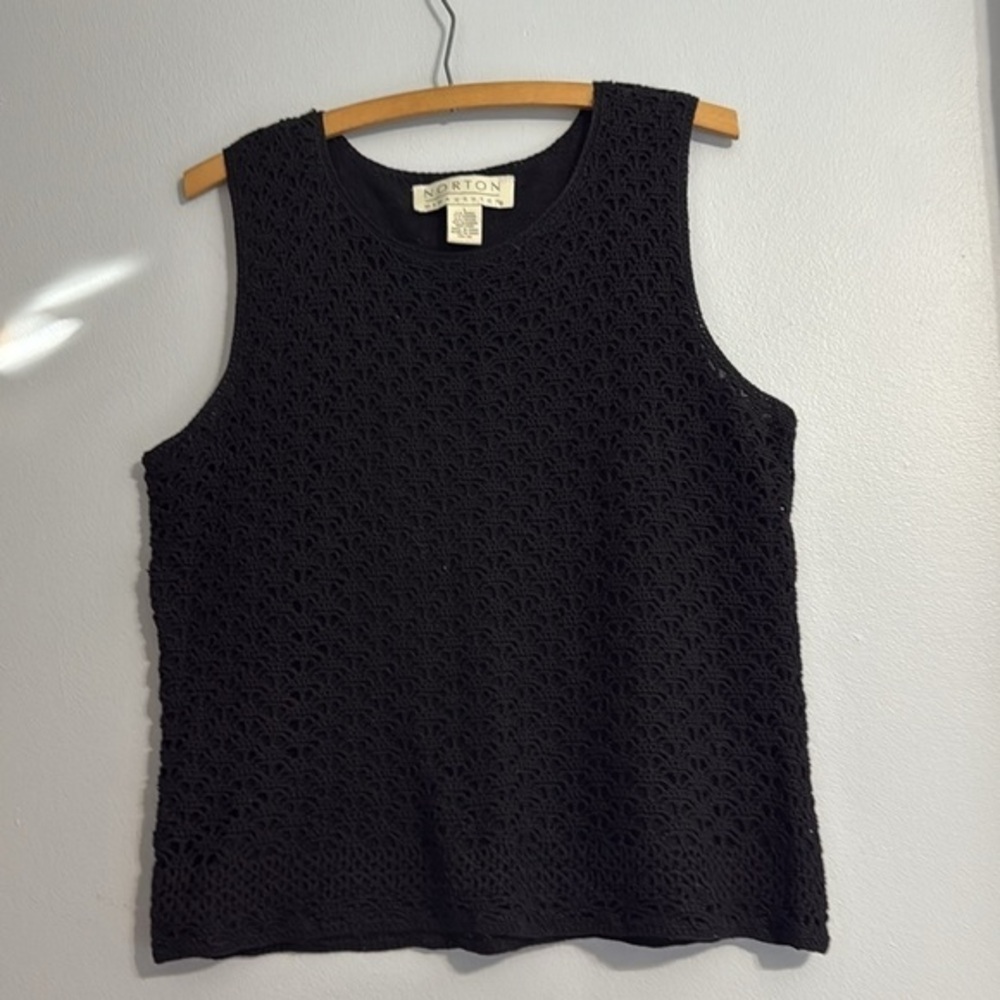 Norton McNaughton Womens Black Sleeveless Round Neck Crochet Tank Top Size L